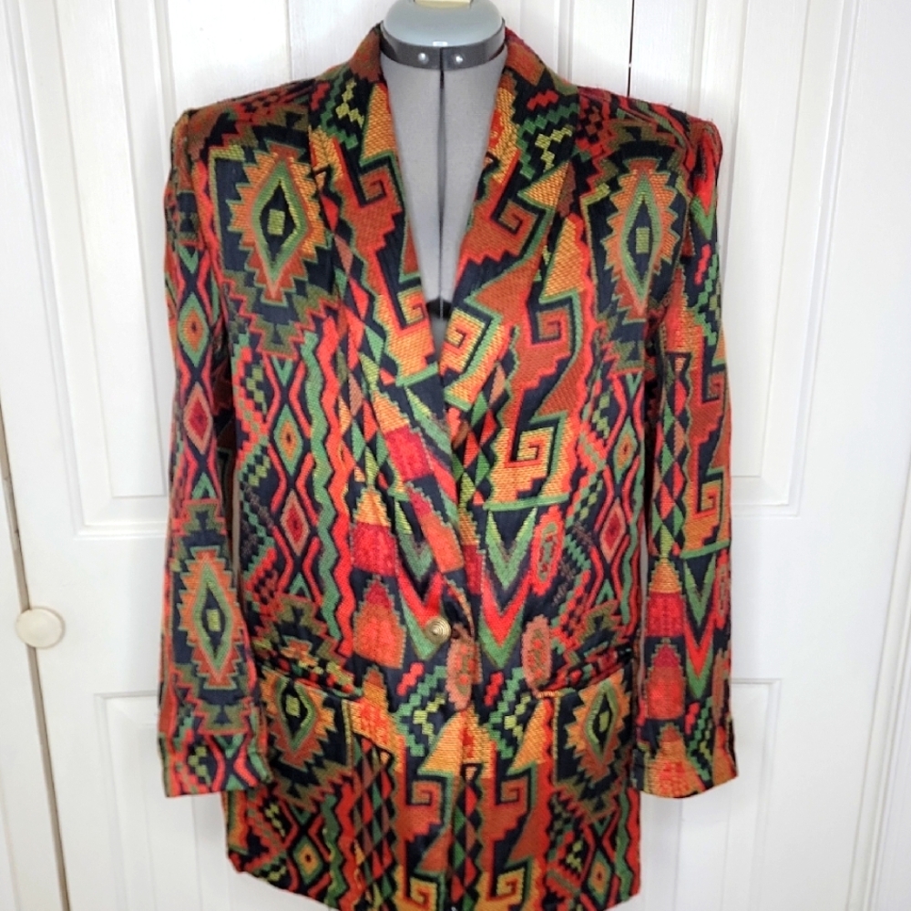 Implements Southwestern Aztec Woven Blazer Shawl Collar XL Multi Color Vintage